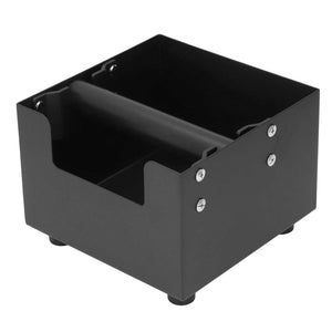 Coffee Knock Box in a black square metal body with a thick rubber-coated crossbar and raised non-slip feet