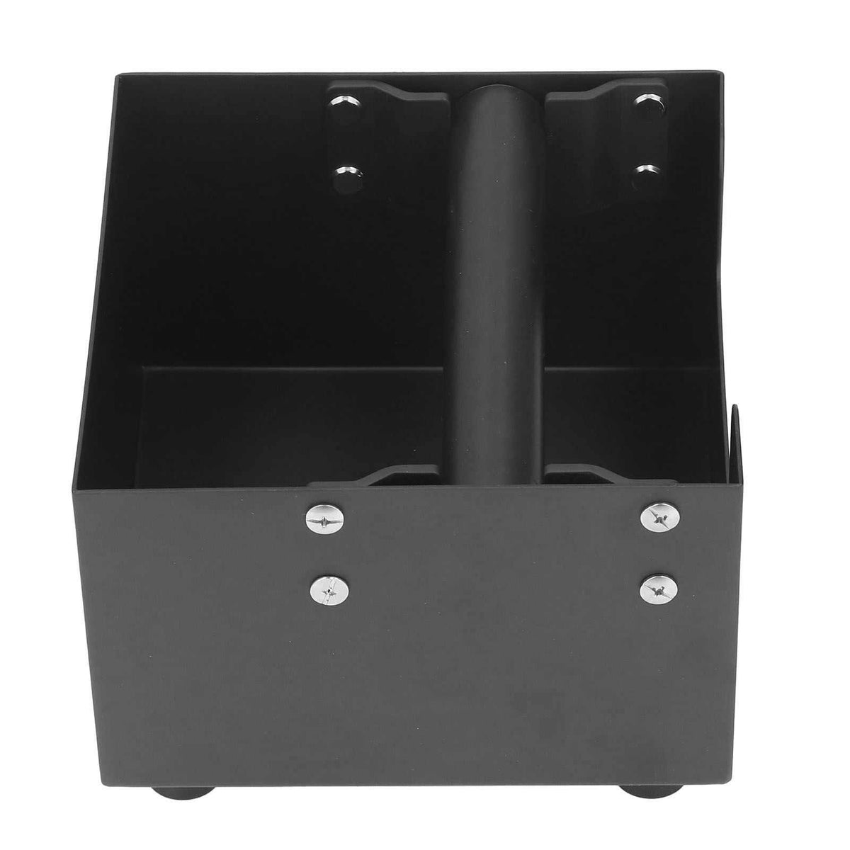 Coffee Knock Box in black metal with a central rubber-wrapped knock bar, open square body and visible base feet
