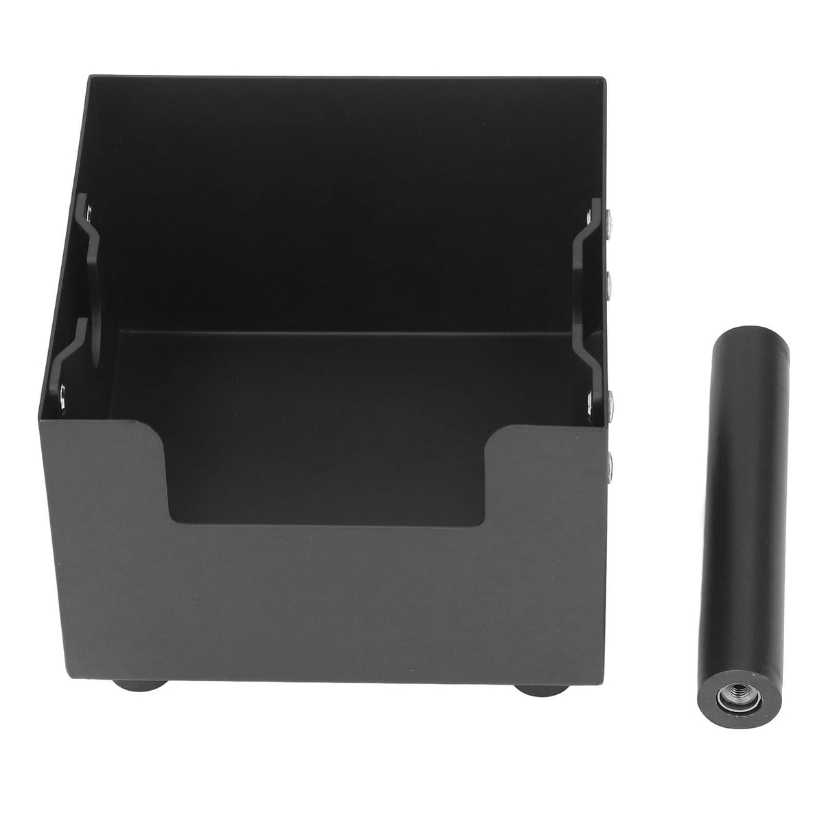 Coffee Knock Box in black with a square metal bin, open top and a detachable cylindrical rubber-wrapped knock bar