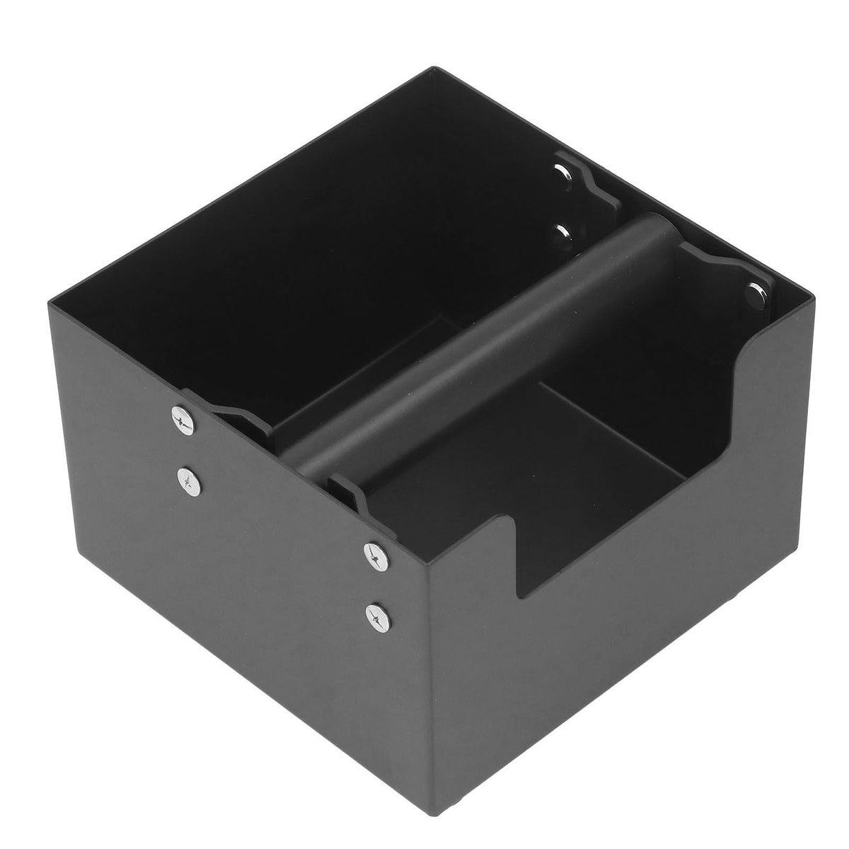 Coffee Knock Box in matte black with a square metal body and a thick rubber-wrapped crossbar for knocking out espresso grounds