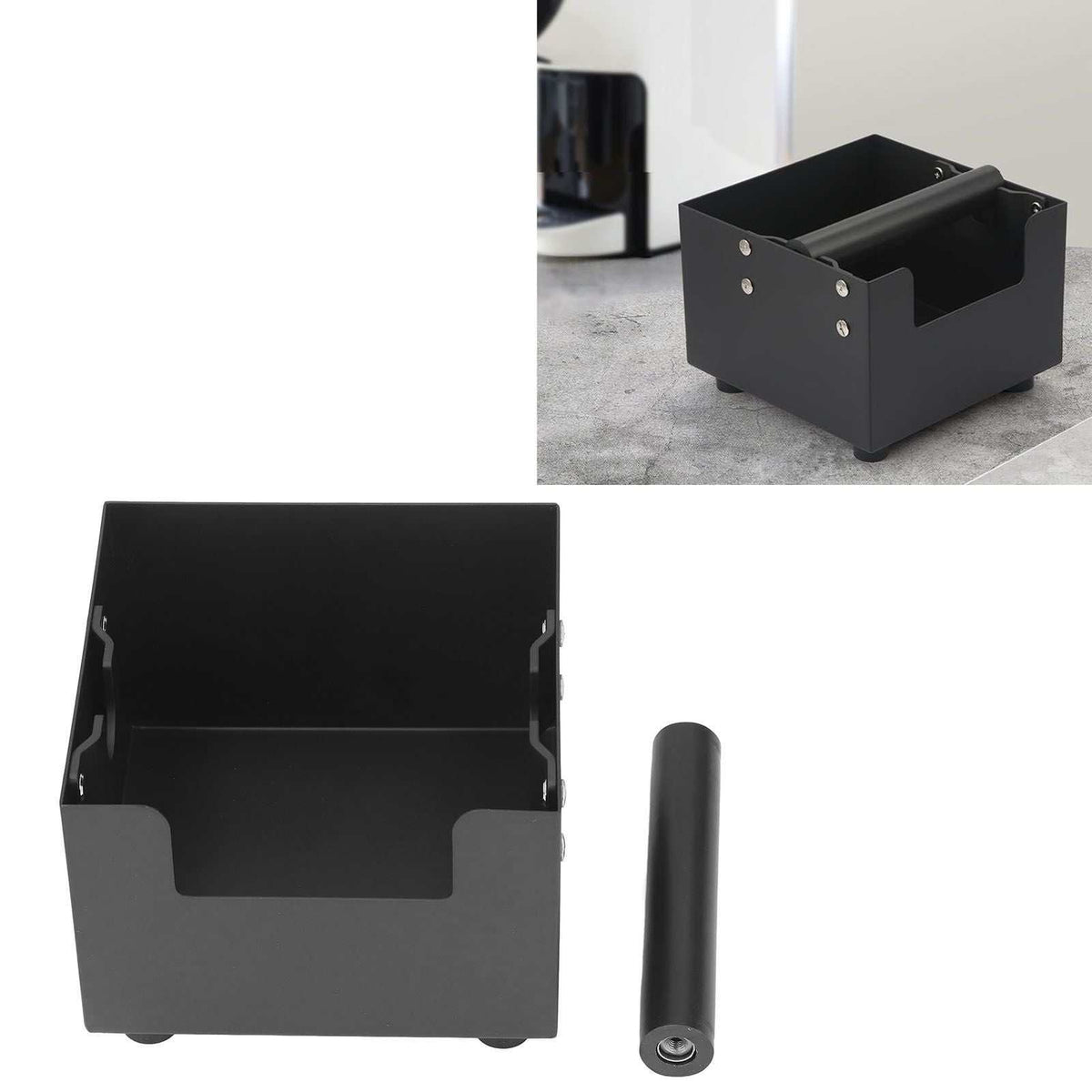 Coffee Knock Box in matte black metal with a square open-top body and detachable cylindrical rubber-wrapped knock bar