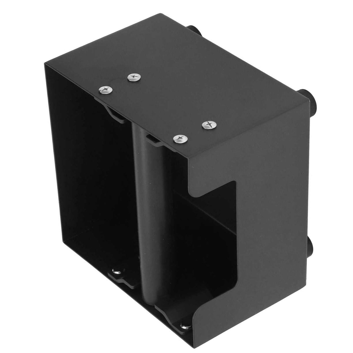 Coffee Knock Box in a matte black square metal housing with an open front, central rubber-coated knock bar and base feet