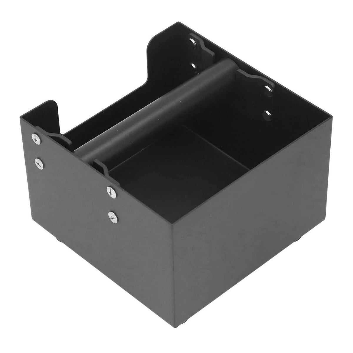 Coffee Knock Box in a square black metal body with an open top and a padded rubber knock bar across the interior