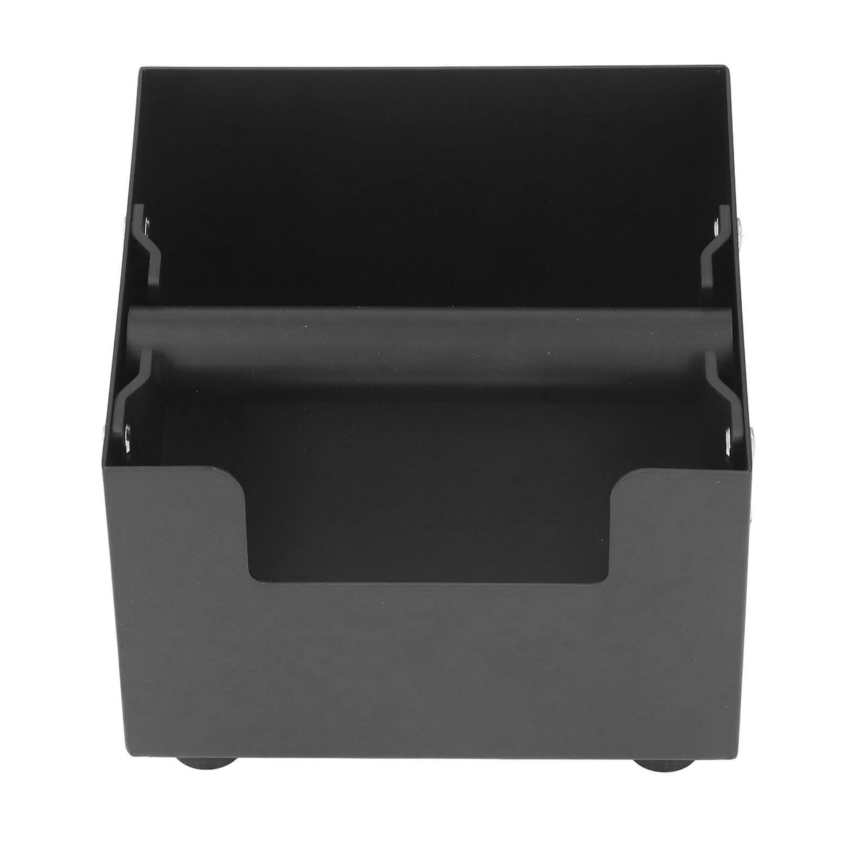 Coffee Knock Box in black metal with an open square body, removable rubber-wrapped crossbar and raised front cutout