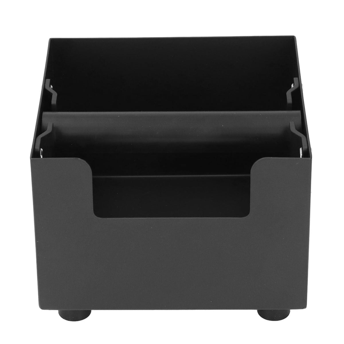 Coffee Knock Box in matte black with a square metal body, rubber crossbar and raised non-slip feet