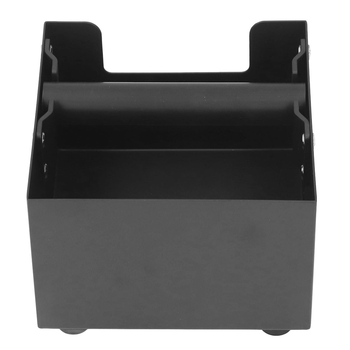 Coffee Knock Box in black with a square metal body and a removable rubber-wrapped crossbar for espresso grounds