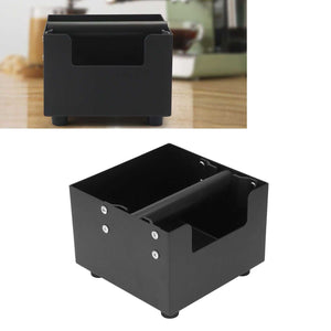 Coffee Knock Box with a matte black square body, open top, and raised rubber-coated knock bar across the centre