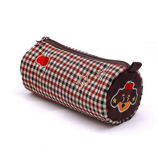 Coffee Vibrant Color Block pencil case with red, cream and black gingham fabric, dark brown ends, zipper and playful patches