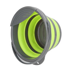 Collapsible Bucket in bright green and charcoal gray, with a flexible ribbed body and perforated pouring spout