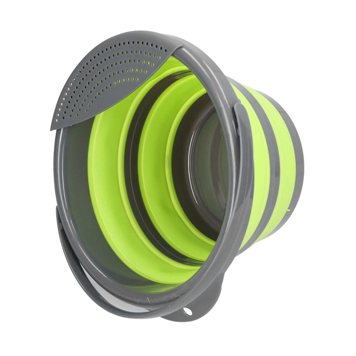 Collapsible Bucket in bright green and charcoal gray, with a flexible ribbed body and perforated pouring spout