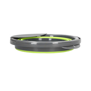 Collapsible Bucket in grey and lime green with a flexible accordion body, shown folded flat with a rigid rim