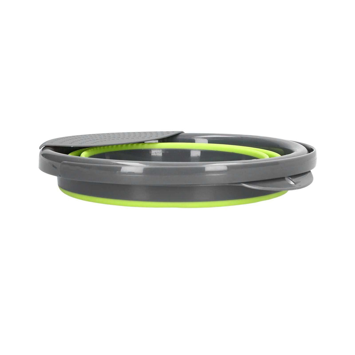 Collapsible Bucket in grey and lime green with a flexible accordion body, shown folded flat with a rigid rim