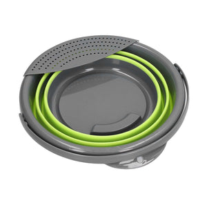 Collapsible Bucket in grey and lime green, with a flexible folding body and perforated pouring spout lid