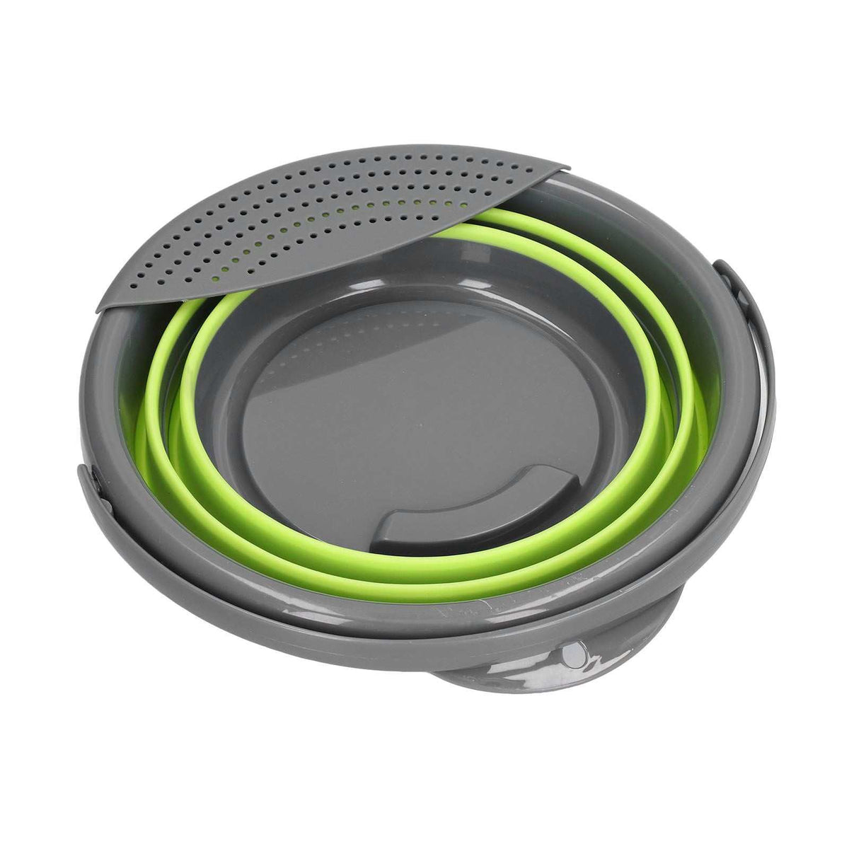 Collapsible Bucket in grey and lime green, with a flexible folding body and perforated pouring spout lid