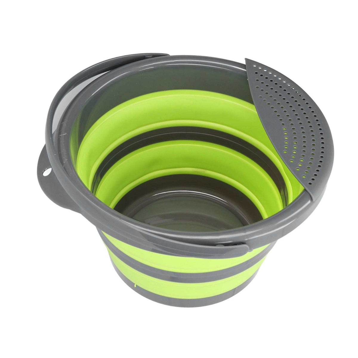 Collapsible Bucket in grey and lime green PP and TPR, with accordion sides and a perforated pouring spout