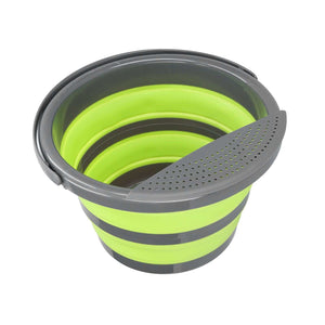 Collapsible Bucket with bright lime green and charcoal grey collapsible bands, plus a perforated pouring spout