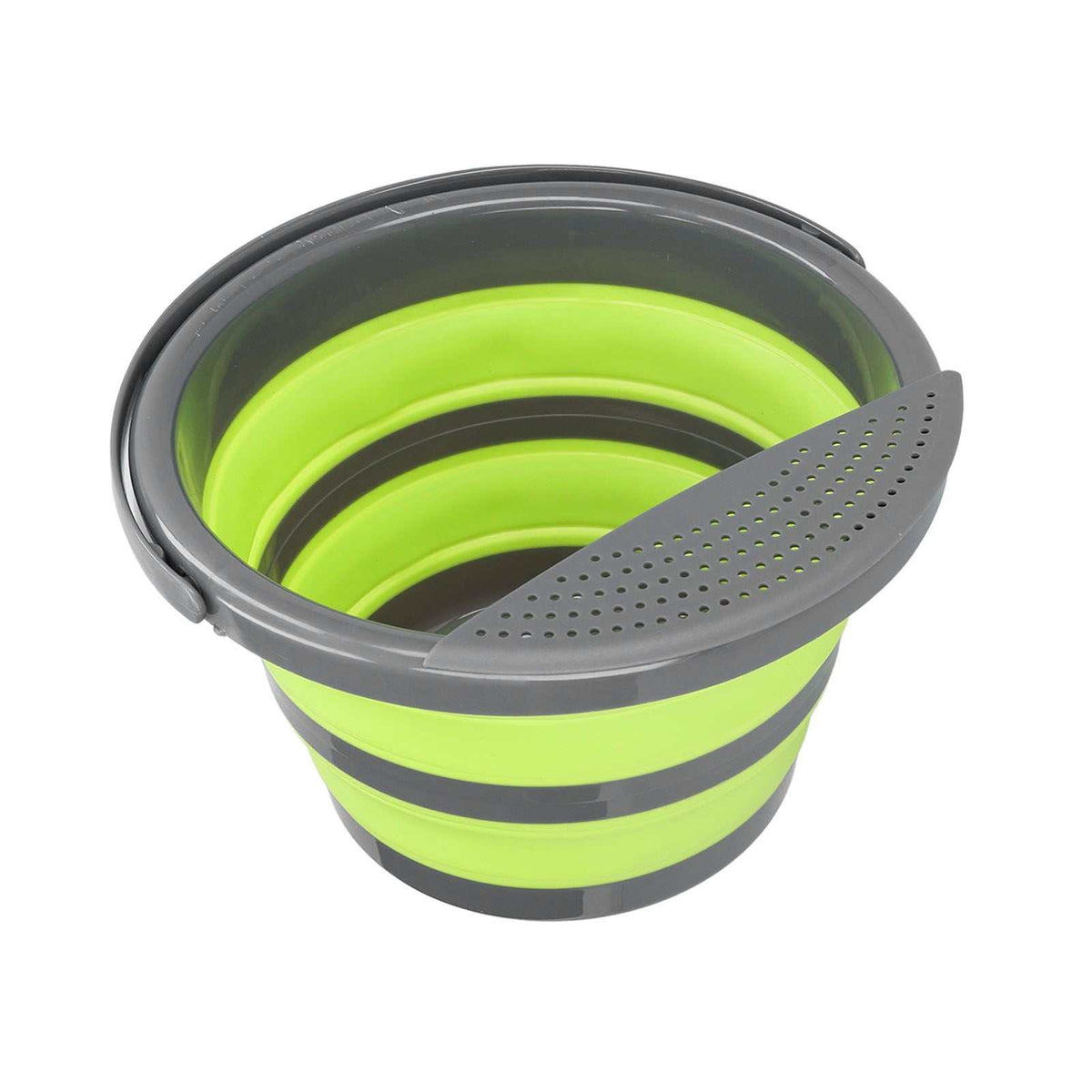 Collapsible Bucket with bright lime green and charcoal grey collapsible bands, plus a perforated pouring spout