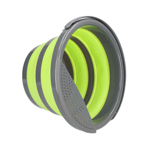 Collapsible Bucket in bright lime green TPR with grey PP rim and handle, shown folded flat with layered sides.