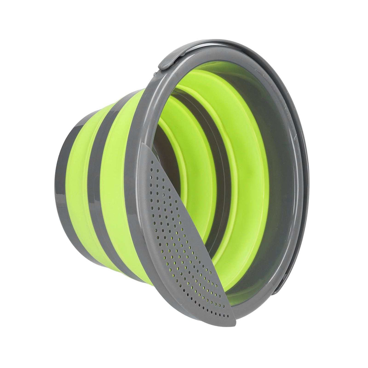 Collapsible Bucket in bright lime green TPR with grey PP rim and handle, shown folded flat with layered sides.