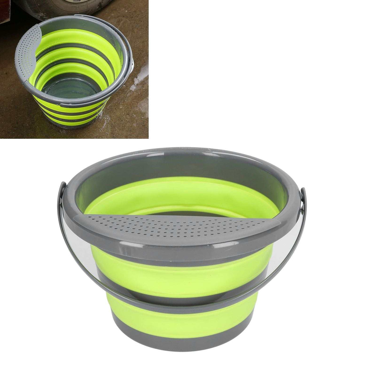 Collapsible Bucket in bright lime green and grey, with accordion-fold sides, a carry handle and perforated pouring rim