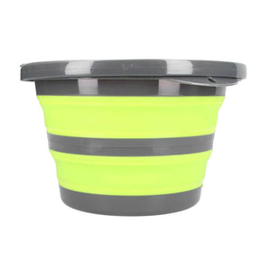 Collapsible Bucket in bright lime green and dark grey, with accordion-folded flexible sides and a rigid rim