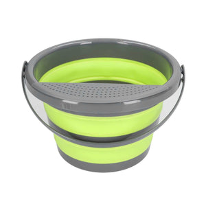 Collapsible Bucket in bright lime green and grey, with a flexible folding body, sturdy handle and perforated rim