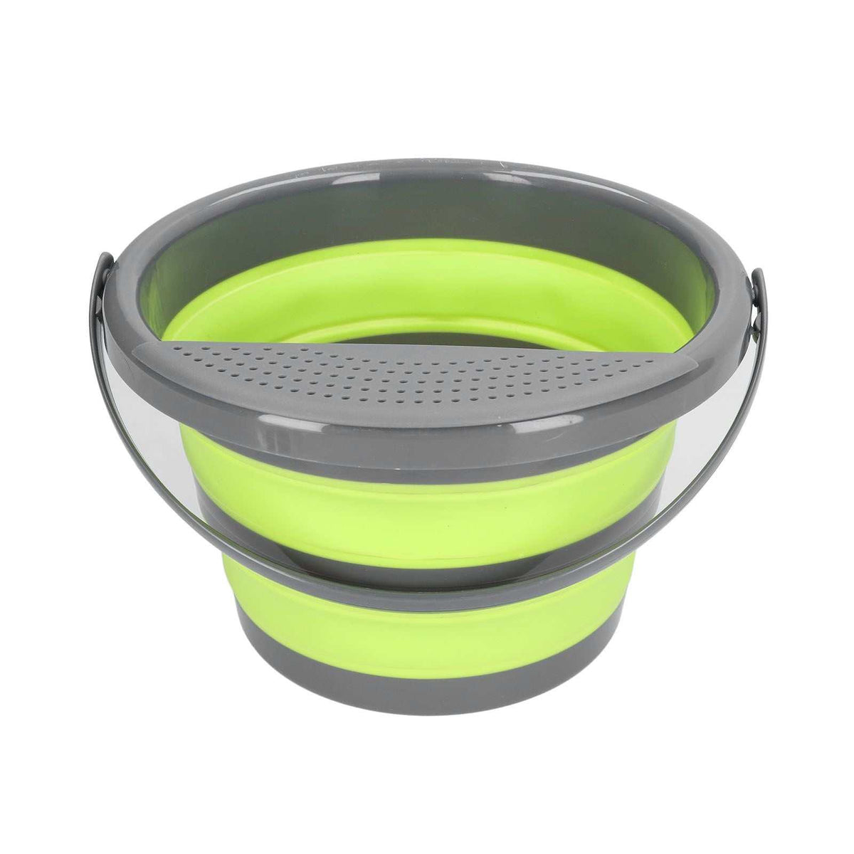 Collapsible Bucket in bright lime green and grey, with a flexible folding body, sturdy handle and perforated rim