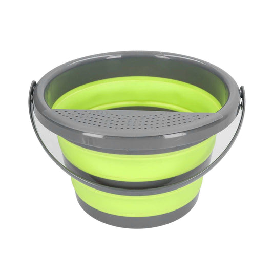 Collapsible Bucket in bright lime green and grey, with a flexible folding body, sturdy handle and perforated rim