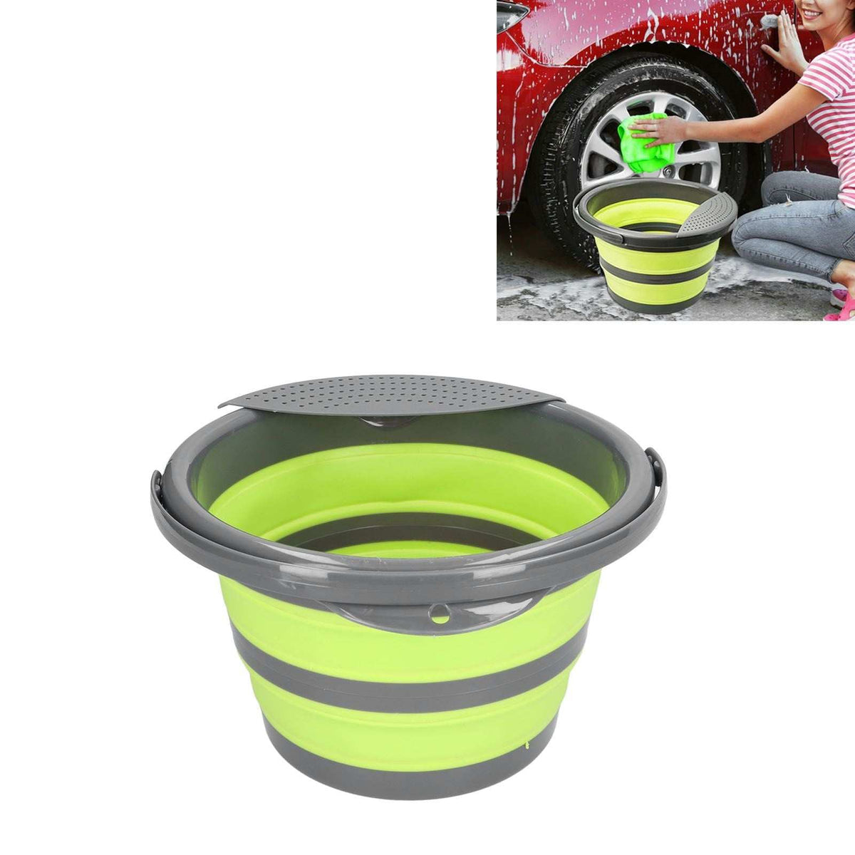 Collapsible Bucket in lime green and grey PP and TPR with a folding body, broad rim and integrated pouring spout