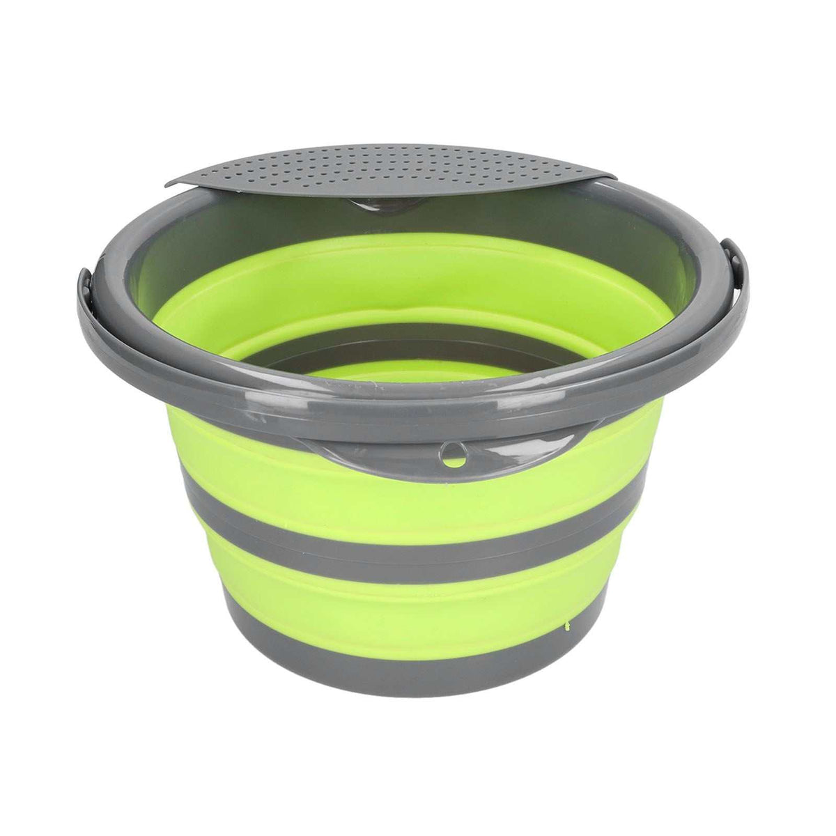 Collapsible Bucket in lime green and dark grey flexible PP and TPR, with tiered sides, carry handle and perforated lid
