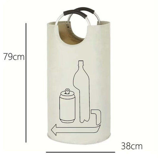 Collapsible laundry basket with a pale cream cylindrical fabric body, black bottle and can outline, and curved metal handles.