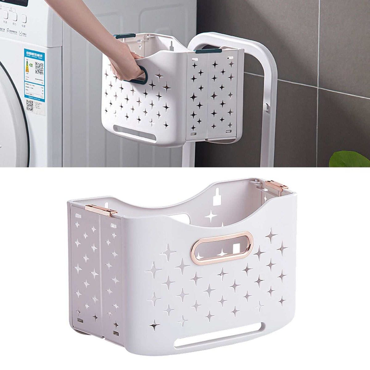 Collapsible Laundry Basket in pale rose gold plastic with star-shaped ventilation cutouts, fold-flat sides and integrated handles