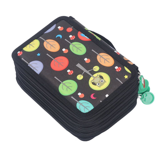 Colored Pencil Case in black fabric with a colourful planet and cartoon owl print, featuring multiple zipper layers and green pulls