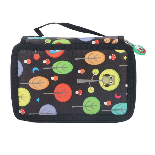 Colored Pencil Case in black fabric with colorful cartoon trees, owls and mushrooms, featuring a zip closure and carry strap