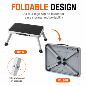 Compact Folding Carbon Steel Step Stool with a black grooved platform, silver folding legs, and locking pins