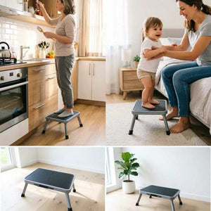 Compact Folding Carbon Steel Step Stool with a dark non-slip textured platform, gray metal folding legs and low-profile design