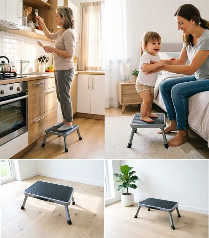 Compact Folding Carbon Steel Step Stool with a dark non-slip textured platform, gray metal folding legs and low-profile design