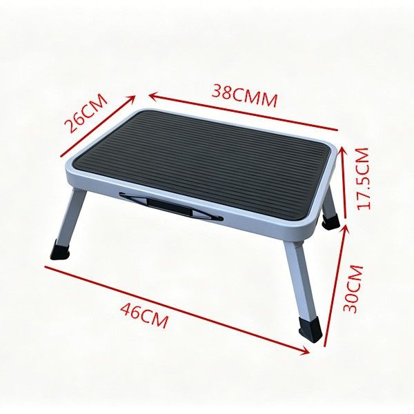 Compact Folding Carbon Steel Step Stool with a silver frame, black grooved non-slip platform and folding legs