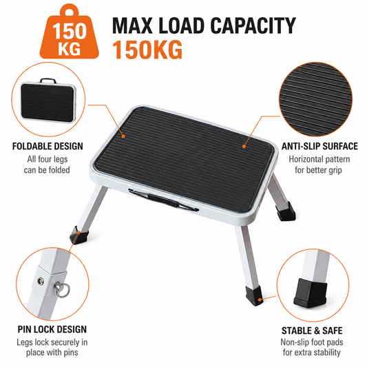 Compact Folding Carbon Steel Step Stool with a silver frame, black grooved anti-slip platform, locking pins and feet