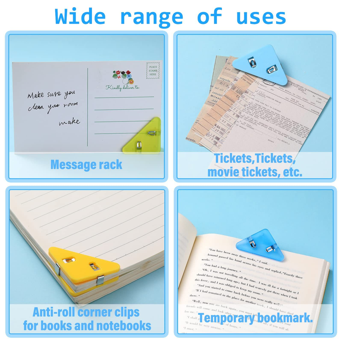 Corner Clip Triangle page clips in blue, green and yellow plastic, shown securing tickets, notes, notebooks and a book page