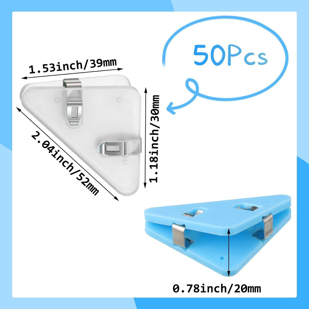 Corner Clip Triangle page clip in translucent white and blue plastic with metal fasteners and triangular shape