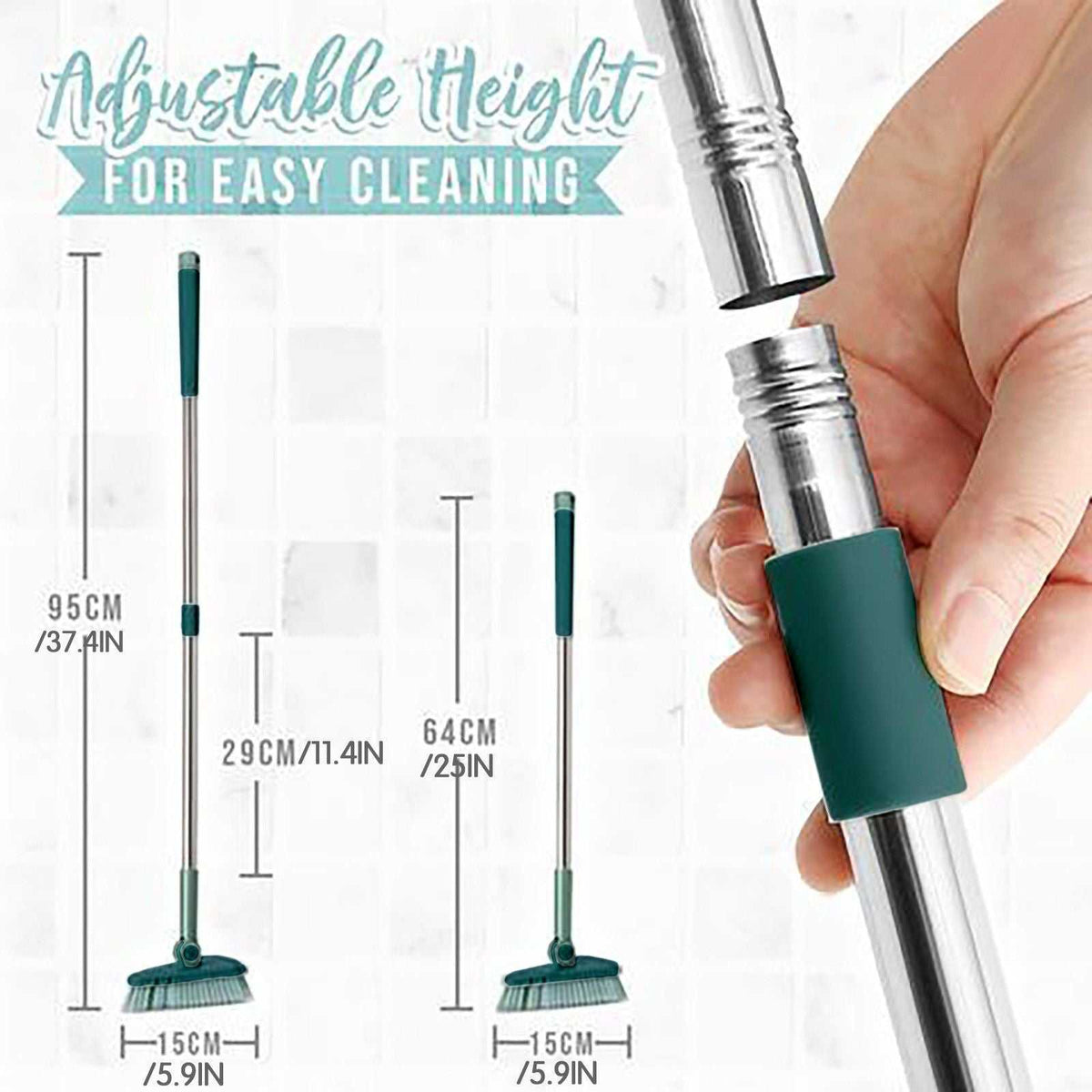 Corner Scrub Brush with a green head and teal accents, featuring a long adjustable stainless steel handle with threaded joints