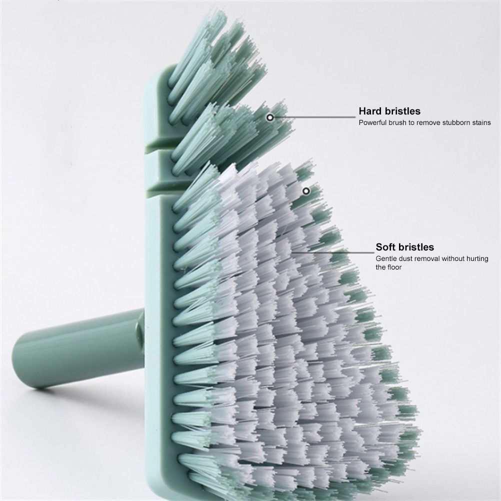 Corner Scrub Brush with a mint green plastic head and dense white and pale green bristles in hard and soft sections