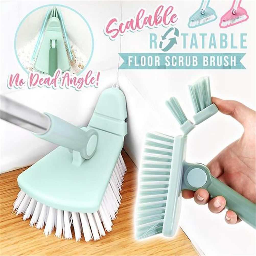 Corner Scrub Brush in mint green plastic with white bristles, featuring a rotating head and long handle