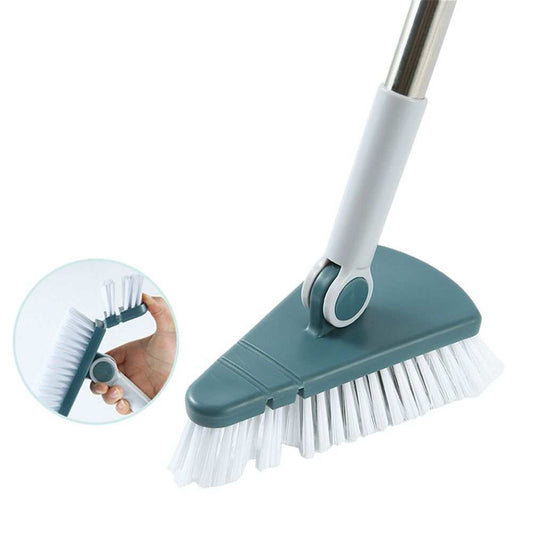 Corner Scrub Brush with a teal plastic head, white bristles, stainless steel handle and rotating joint