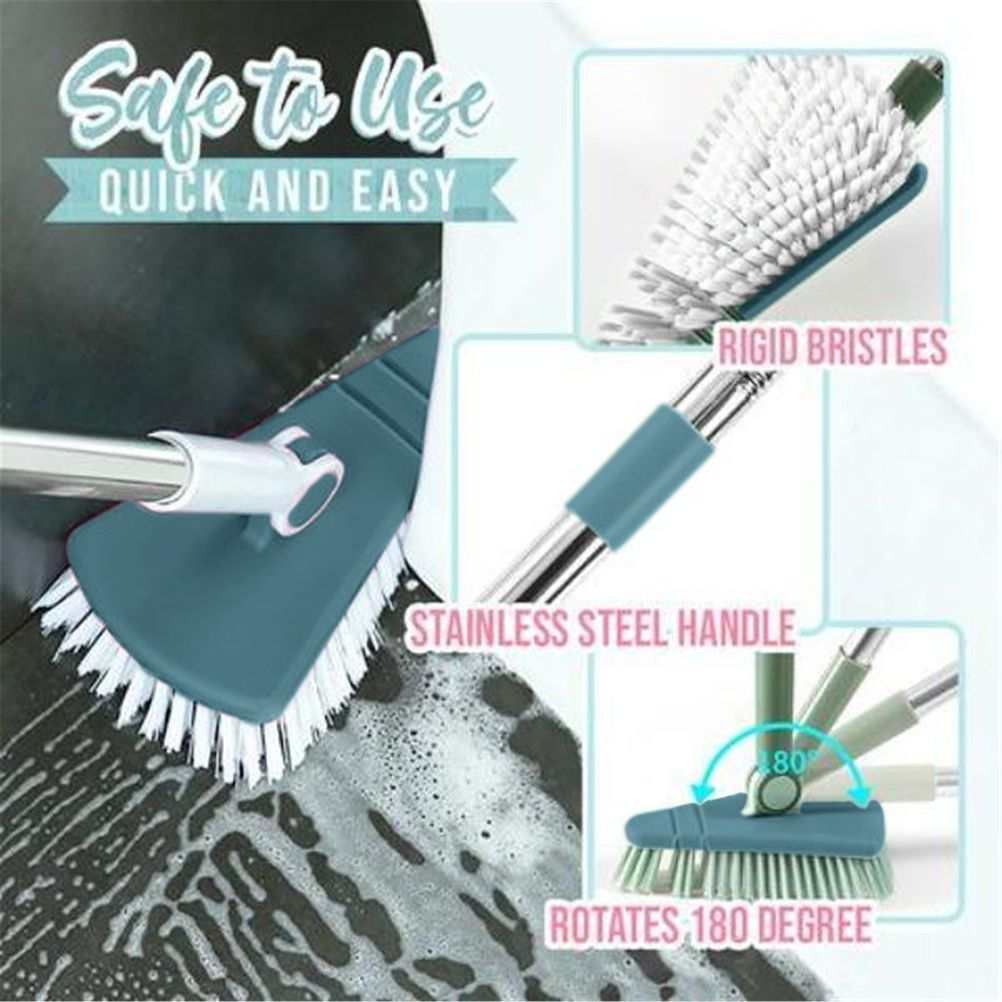 Corner Scrub Brush with a teal plastic head, white rigid bristles and a stainless steel handle that rotates 180 degrees