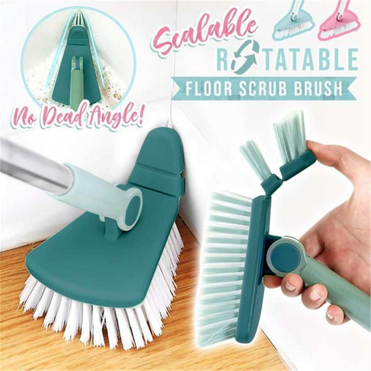 Corner Scrub Brush with a teal plastic bendable, rotating head, long metal handle and dense white bristles