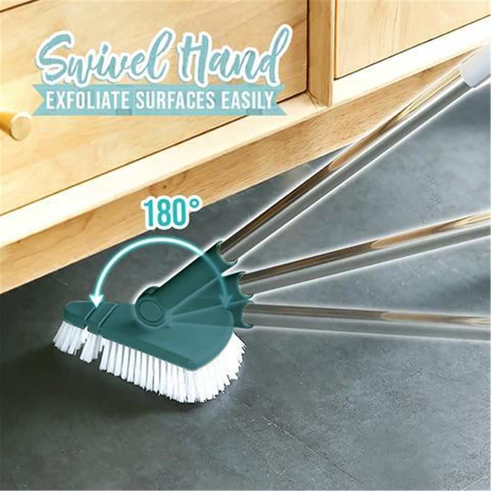 Corner Scrub Brush with a teal swivel head, white bristles and a long stainless steel handle that bends 180 degrees