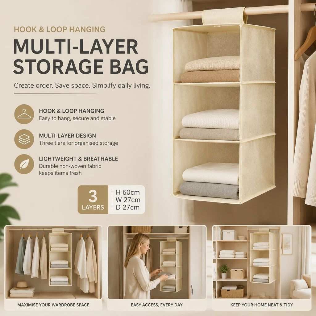 Cotton Linen Hanging Wardrobe Organiser in beige non-woven fabric, with three open storage tiers and hook-and-loop hanging straps
