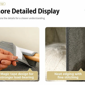 Cotton Linen Hanging Wardrobe Organiser in grey woven fabric, showing a hook-and-loop fastening and finely stitched edging.